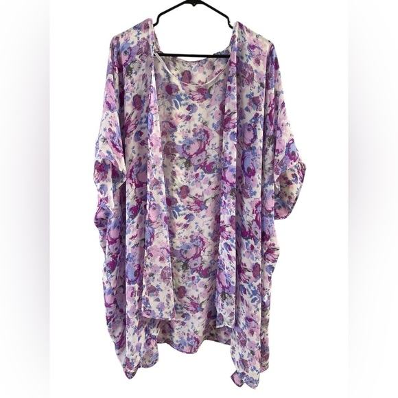 c Other - Purple floral short sleeve pool bikini cover up kimono